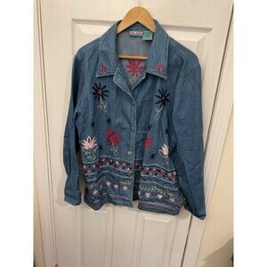 Nectar Floral Embroidered Denim Jacket Women XL Cottagecore Boho Y2K Art